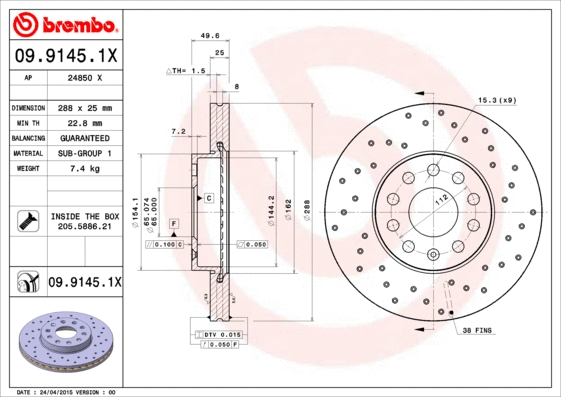 Stabdžių diskas BREMBO 09.9145.1X