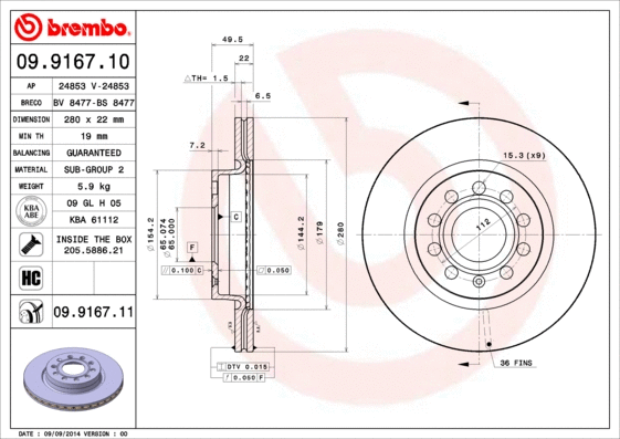 Stabdžių diskas BREMBO 09.9167.11
