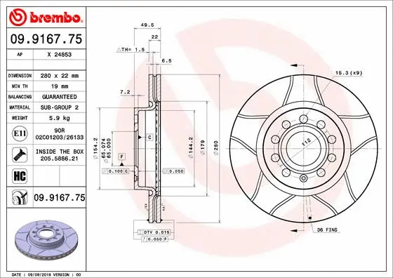 Stabdžių diskas BREMBO 09.9167.75