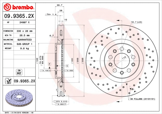 Stabdžių diskas BREMBO 09.9365.2X