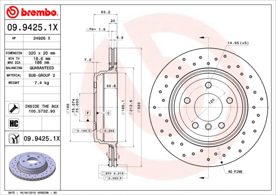 Stabdžių diskas BREMBO 09.9425.1X