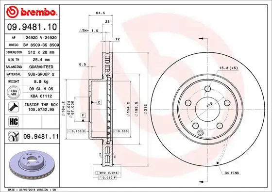 Stabdžių diskas BREMBO 09.9481.11