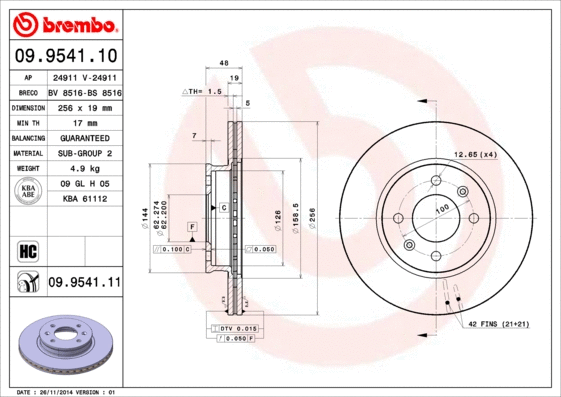 Stabdžių diskas BREMBO 09.9541.11