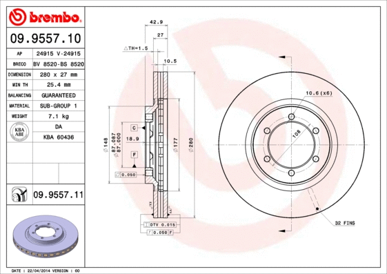 Stabdžių diskas BREMBO 09.9557.11
