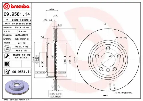 Stabdžių diskas BREMBO 09.9581.11