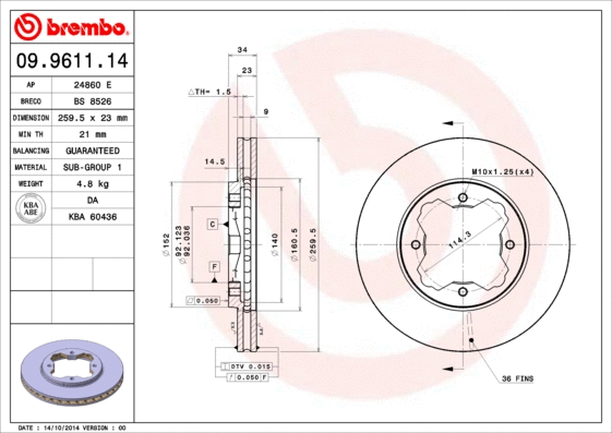 Stabdžių diskas BREMBO 09.9611.14