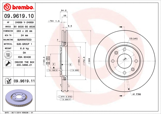 Stabdžių diskas BREMBO 09.9619.11