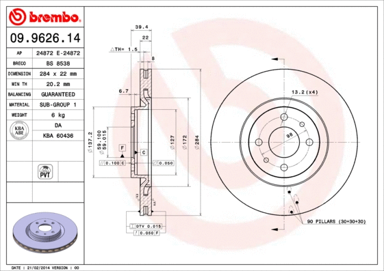 Stabdžių diskas BREMBO 09.9626.14