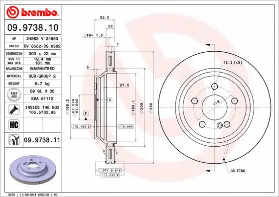 Stabdžių diskas BREMBO 09.9738.11