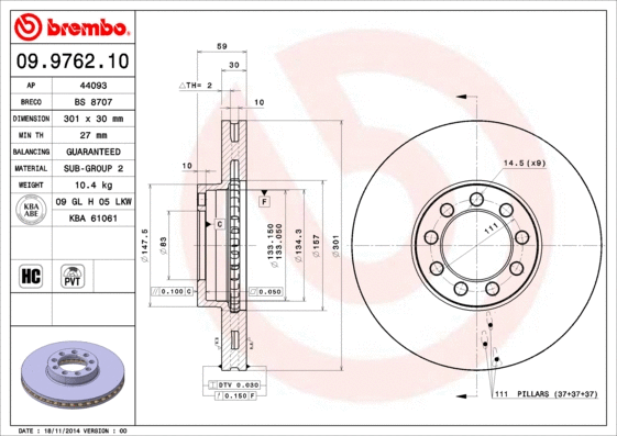 Stabdžių diskas BREMBO 09.9762.10