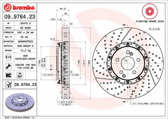 Stabdžių diskas BREMBO 09.9764.23
