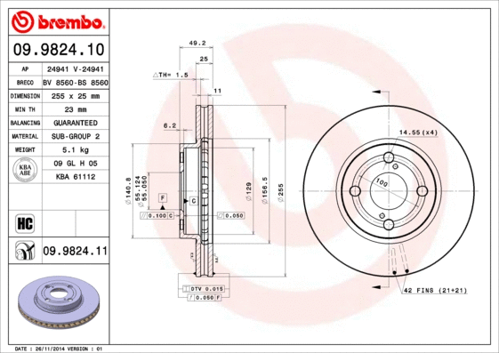 Stabdžių diskas BREMBO 09.9824.11