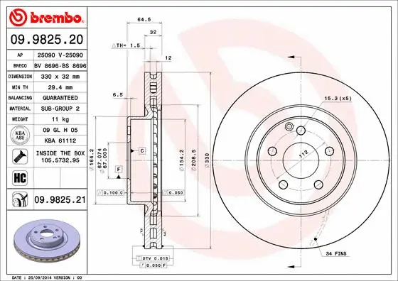 Stabdžių diskas BREMBO 09.9825.21