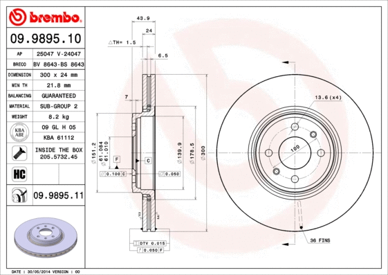 Stabdžių diskas BREMBO 09.9895.11