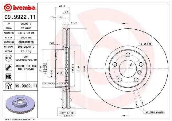 Stabdžių diskas BREMBO 09.9922.11