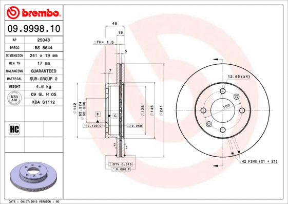 Stabdžių diskas BREMBO 09.9998.10