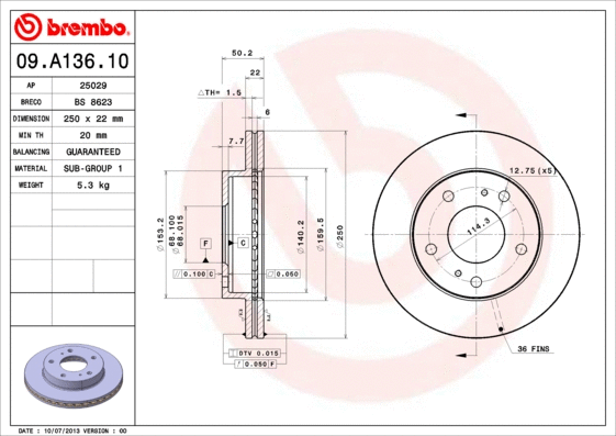 Stabdžių diskas BREMBO 09.A136.10