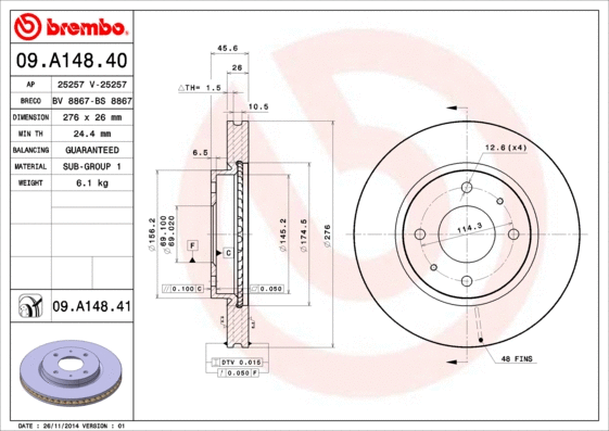 Stabdžių diskas BREMBO 09.A148.41