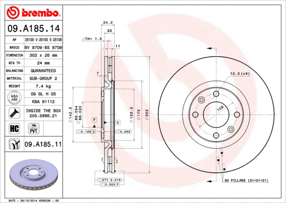 Stabdžių diskas BREMBO 09.A185.11