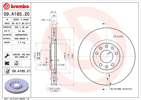 Stabdžių diskas BREMBO 09.A185.21