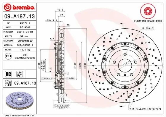 Stabdžių diskas BREMBO 09.A187.13