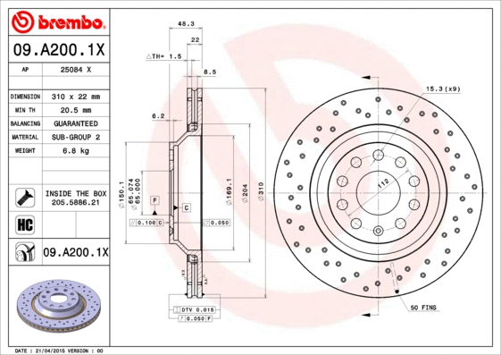 Stabdžių diskas BREMBO 09.A200.1X