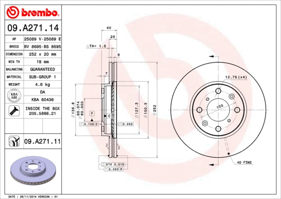 Stabdžių diskas BREMBO 09.A271.11