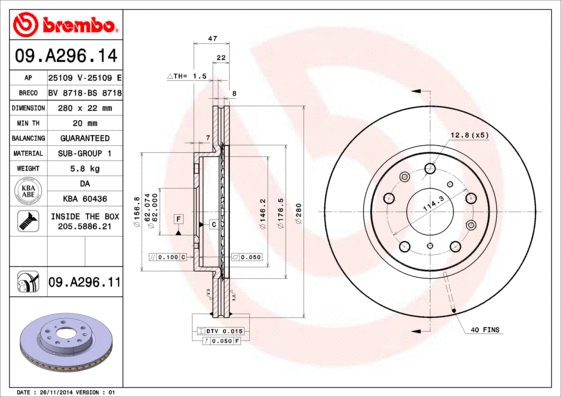 Stabdžių diskas BREMBO 09.A296.11