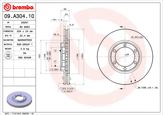 Stabdžių diskas BREMBO 09.A304.10