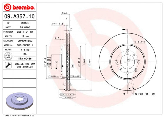 Stabdžių diskas BREMBO 09.A357.10