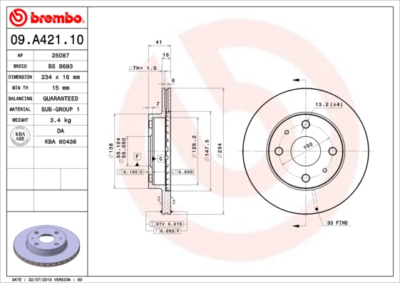 Stabdžių diskas BREMBO 09.A421.10