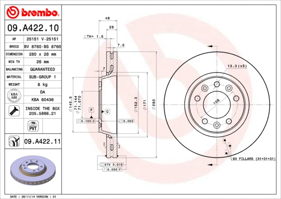 Stabdžių diskas BREMBO 09.A422.11