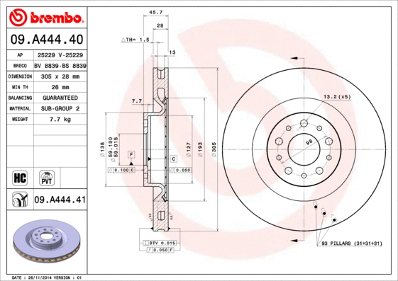 Stabdžių diskas BREMBO 09.A444.41