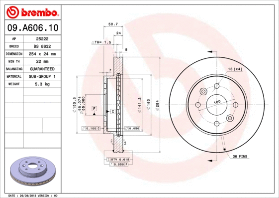 Stabdžių diskas BREMBO 09.A606.10