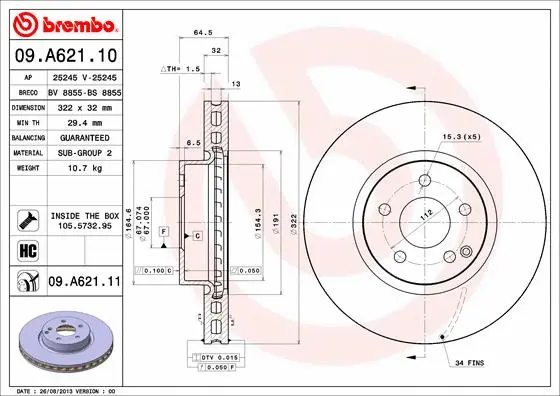 Stabdžių diskas BREMBO 09.A621.11