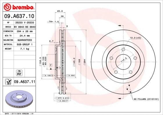 Stabdžių diskas BREMBO 09.A637.11