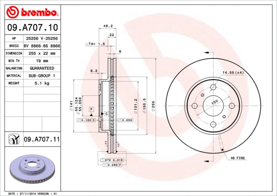 Stabdžių diskas BREMBO 09.A707.11