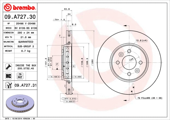Stabdžių diskas BREMBO 09.A727.31