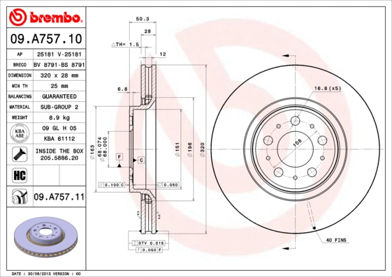 Stabdžių diskas BREMBO 09.A757.11