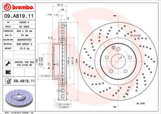 Stabdžių diskas BREMBO 09.A819.11