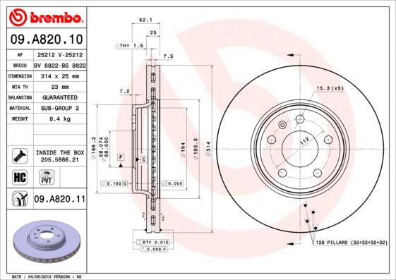 Stabdžių diskas BREMBO 09.A820.11