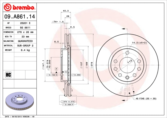 Stabdžių diskas BREMBO 09.A861.14