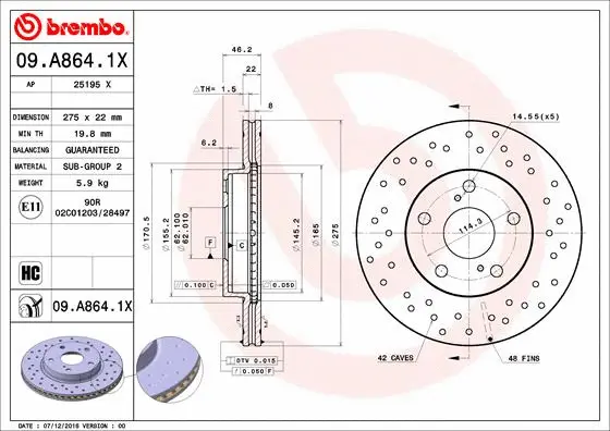 Stabdžių diskas BREMBO 09.A864.1X