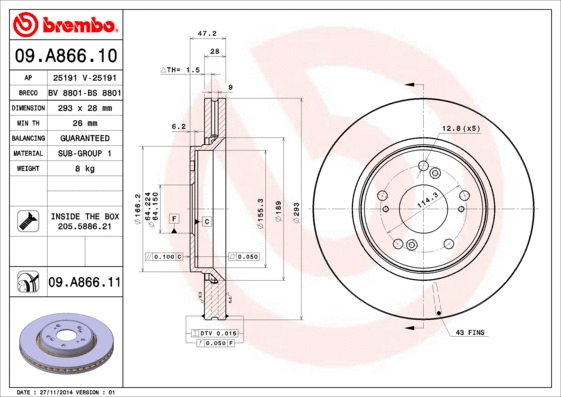 Stabdžių diskas BREMBO 09.A866.11