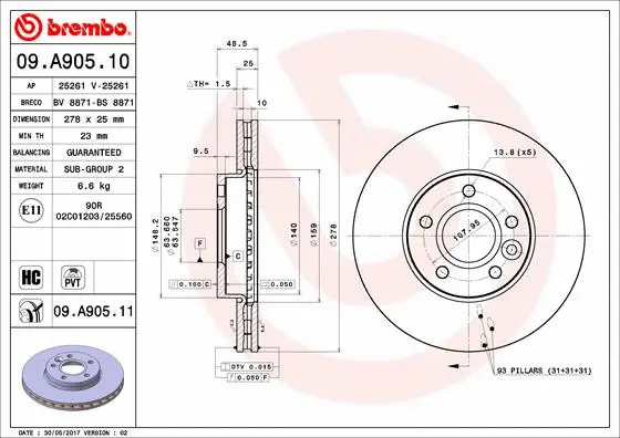 Stabdžių diskas BREMBO 09.A905.11