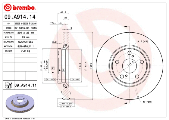 Stabdžių diskas BREMBO 09.A914.11