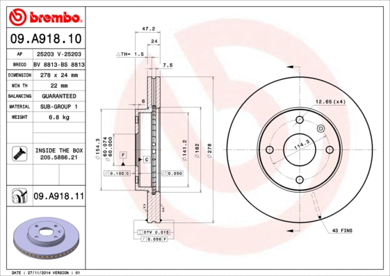 Stabdžių diskas BREMBO 09.A918.11