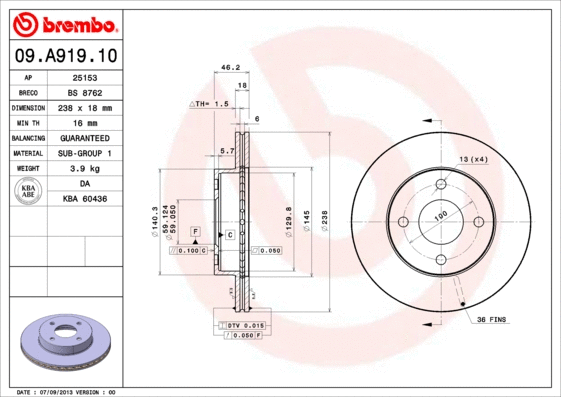 Stabdžių diskas BREMBO 09.A919.10