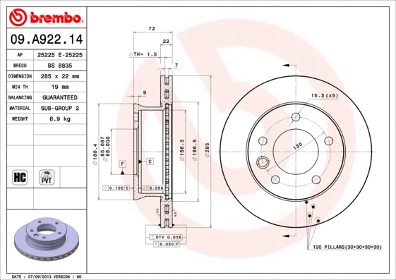 Stabdžių diskas BREMBO 09.A922.14