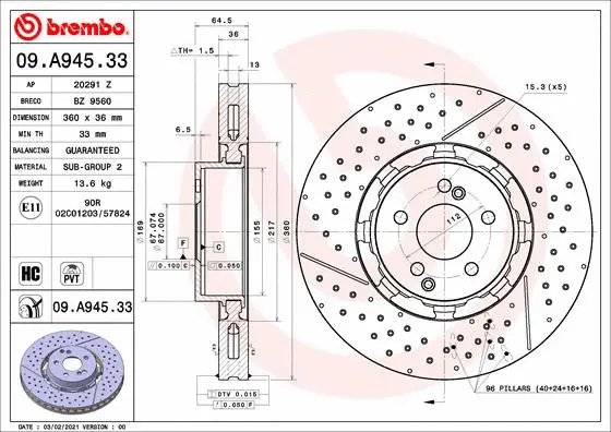 Stabdžių diskas BREMBO 09.A945.33